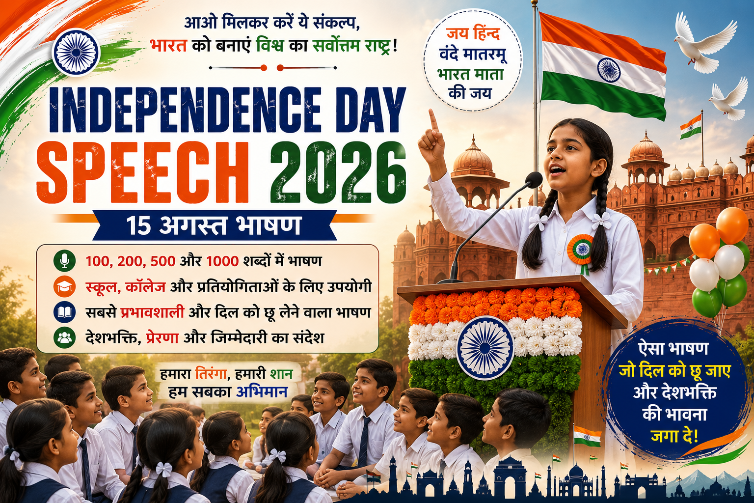 Student giving Independence Day Speech 2026 on school stage with Indian flag