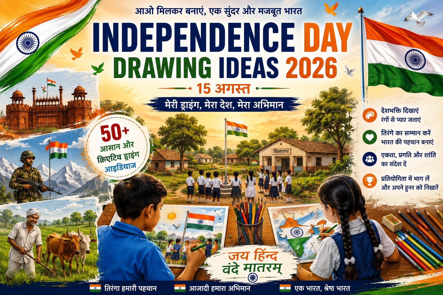 Village school children drawing the Indian flag for Independence Day 2026
