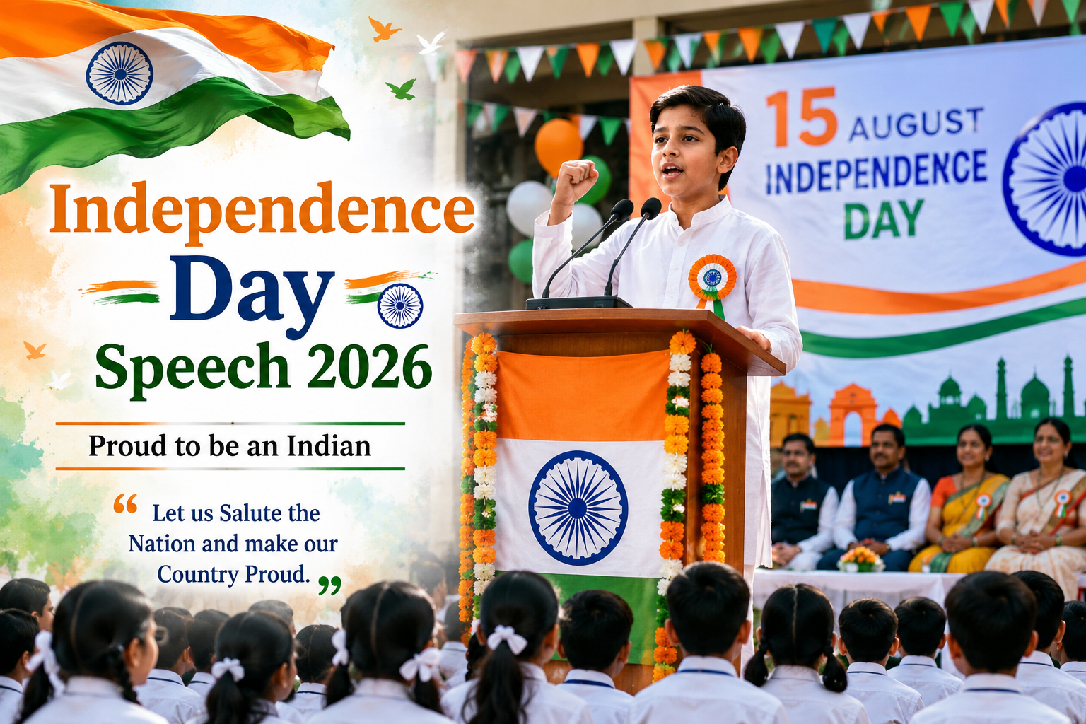 Independence Day Speech 2026 with Indian Flag and Students