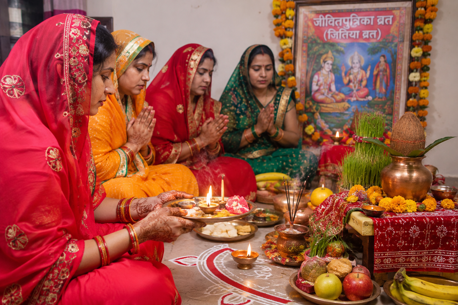 Jitiya Vrat 2026 में भगवान जीमूतवाहन की पूजा करती हुई मिथिला की महिलाएं, पारंपरिक पूजा सामग्री और दीपक के साथ