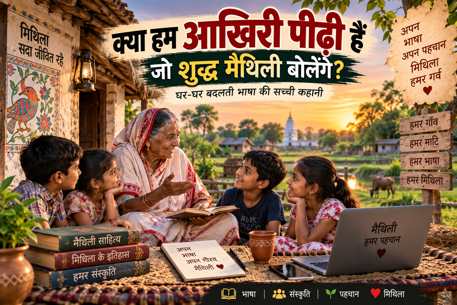 मिथिला के गाँव में परिवार के बीच मैथिली भाषा बोलते हुए बुजुर्ग और नई पीढ़ी