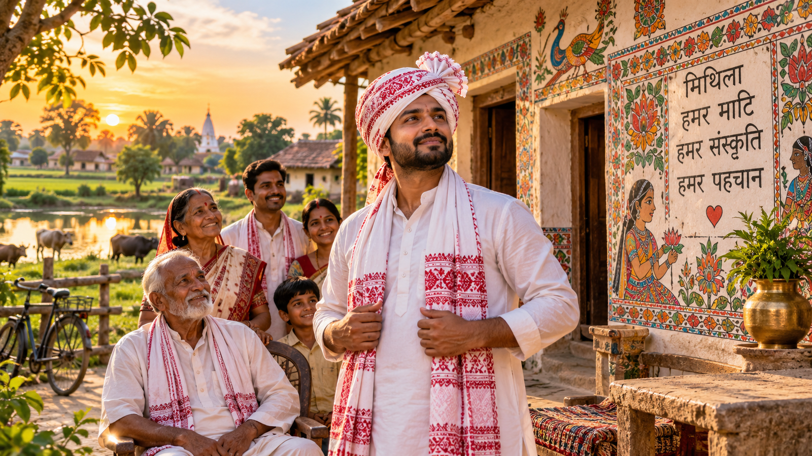 मिथिलाक पाग पहिरल मैथिल व्यक्ति और पारंपरिक मिथिला गाँव