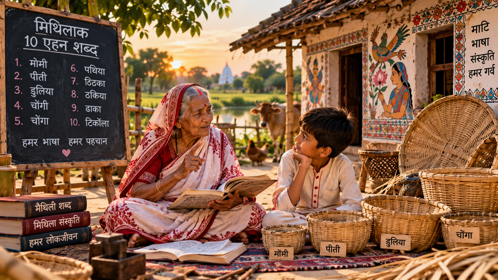 मिथिला की बुजुर्ग महिला बच्चे को पुराने मैथिली शब्द सिखाते हुए